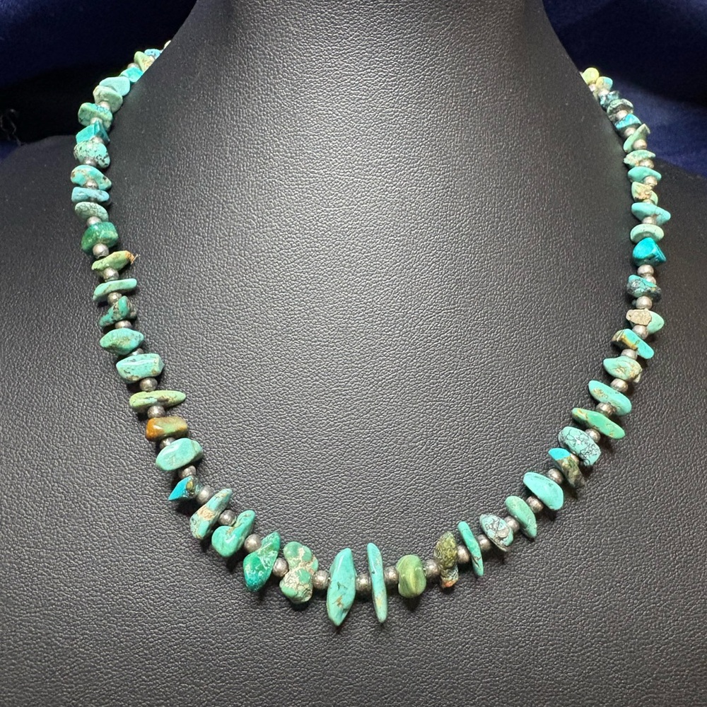 Necklace Genuine Turquoise & Sterling Silver Beads 16” Choker